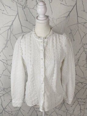 Baukjen White Organic Cotton Broderie Eyelet High Neck Blouse
